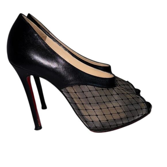 Christian Louboutin Resillana Black Leather & Mesh Peep Toe Heels Size 38.5 - Picture 2 of 13